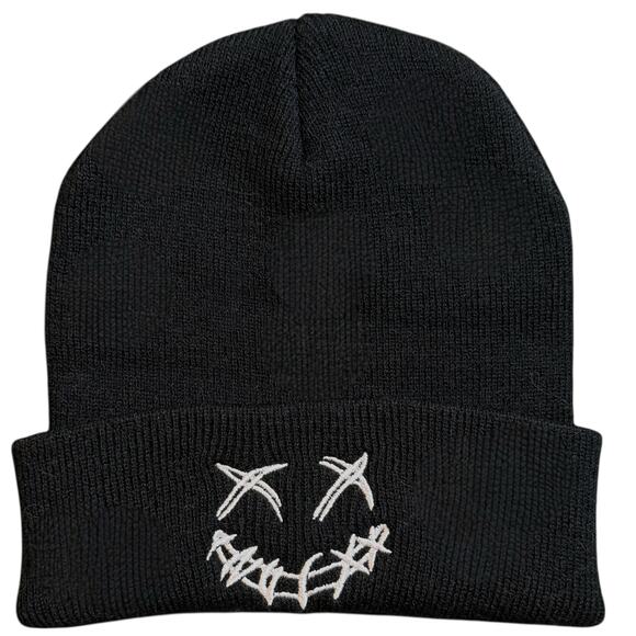 Knitted Woven Black Scary Smiley Face Beanie Mens OS - Punk Skater Preppy Casual - Picture 1 of 10